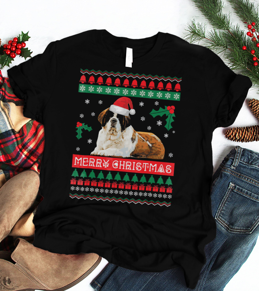 Merry Christmas St Bernard Dog Ugly Sweater Holiday T-Shirt