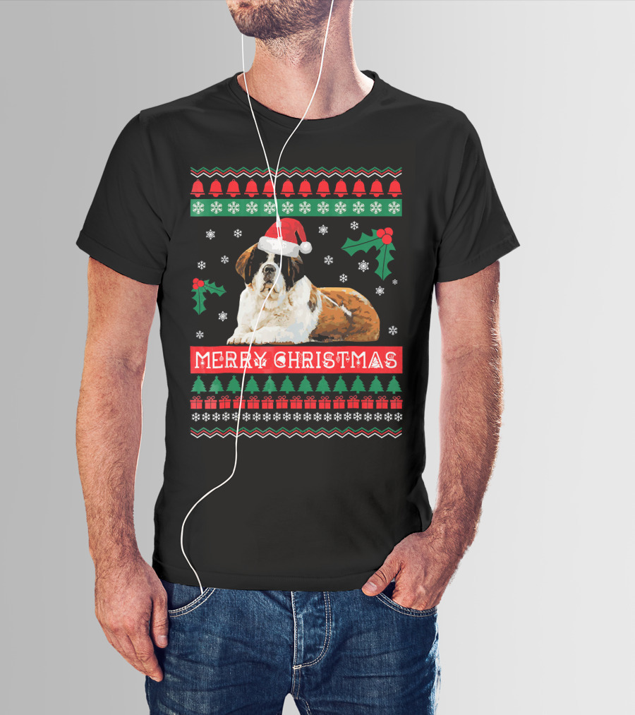 Merry Christmas St Bernard Dog Ugly Sweater Holiday T-Shirt