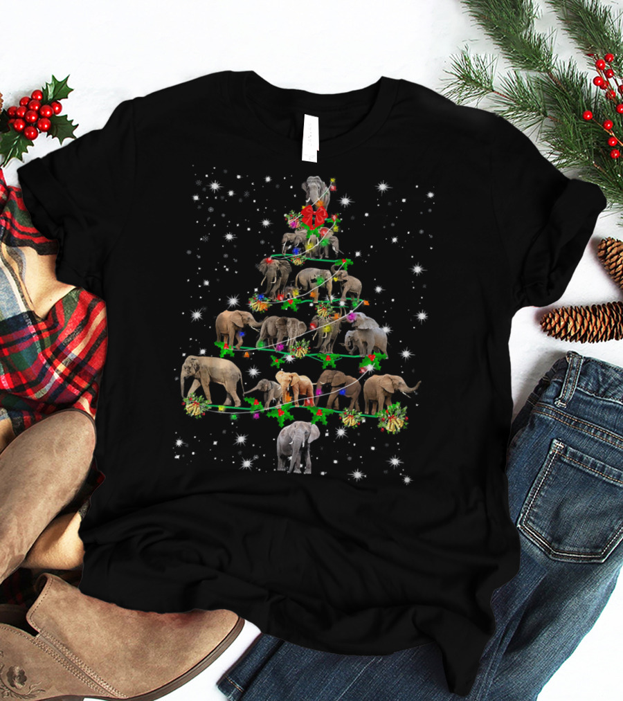 Funny Elephants Christmas Tree Ornament Holiday Decor With Festive Snowflakes And Lights T-Shirt