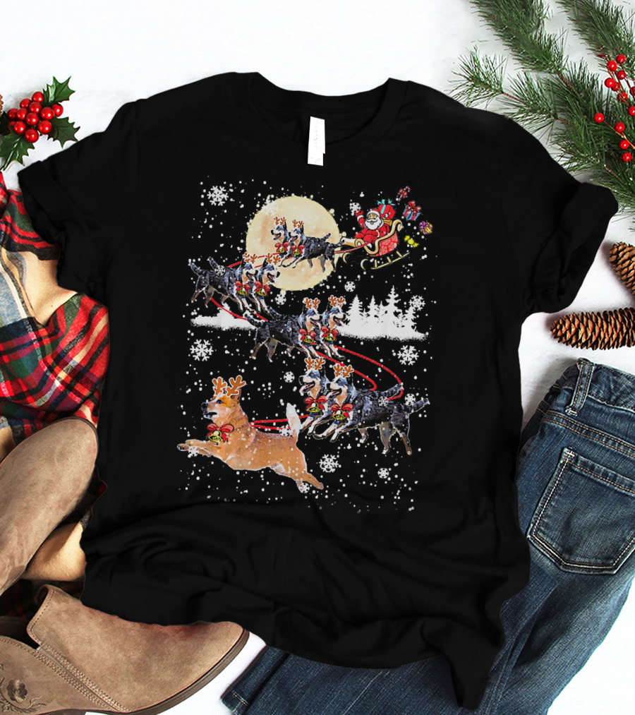Heeler Reindeer Santa Sleigh Christmas Moon Dog T-Shirt