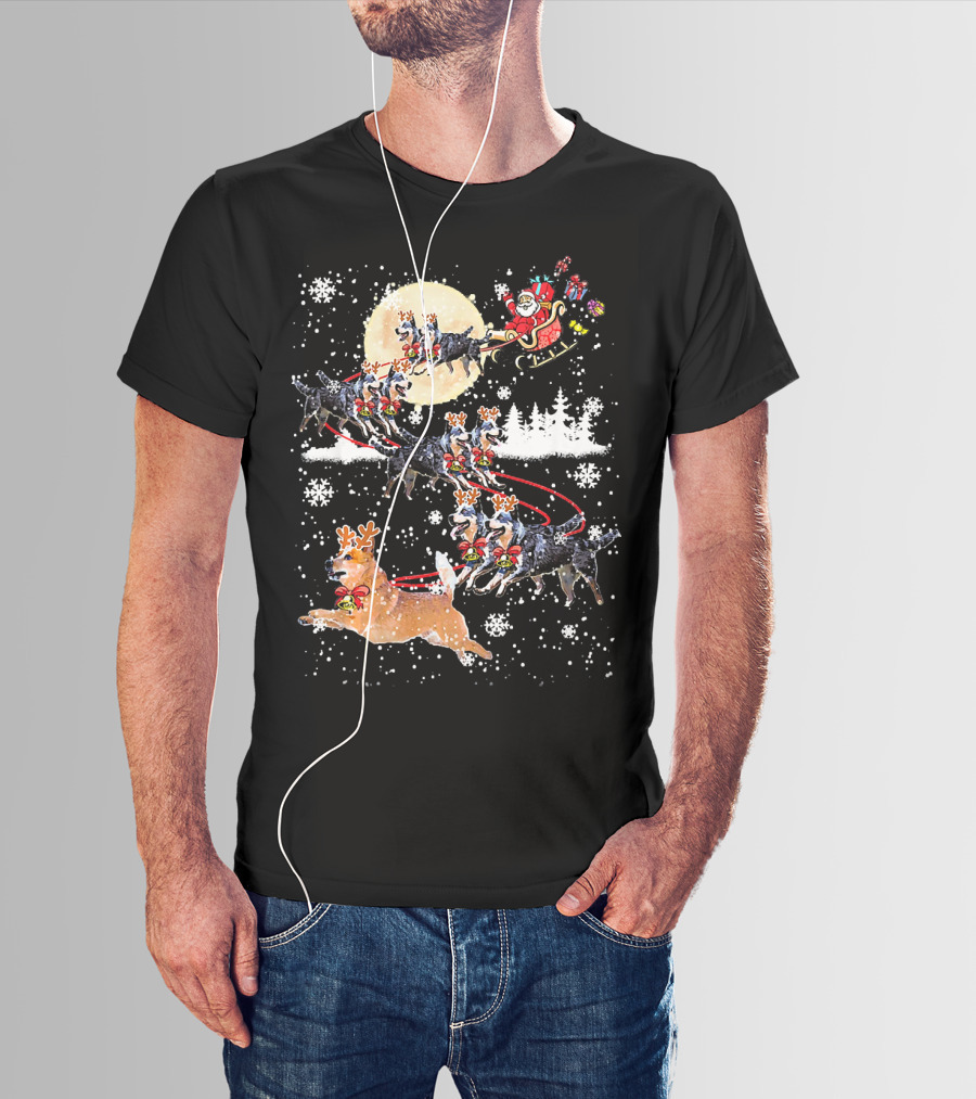 Heeler Reindeer Santa Sleigh Christmas Moon Dog T-Shirt