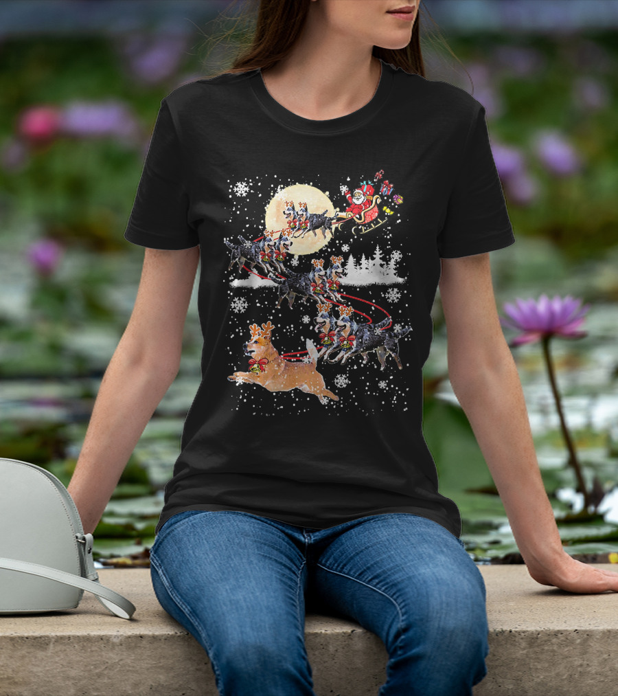 Heeler Reindeer Santa Sleigh Christmas Moon Dog T-Shirt