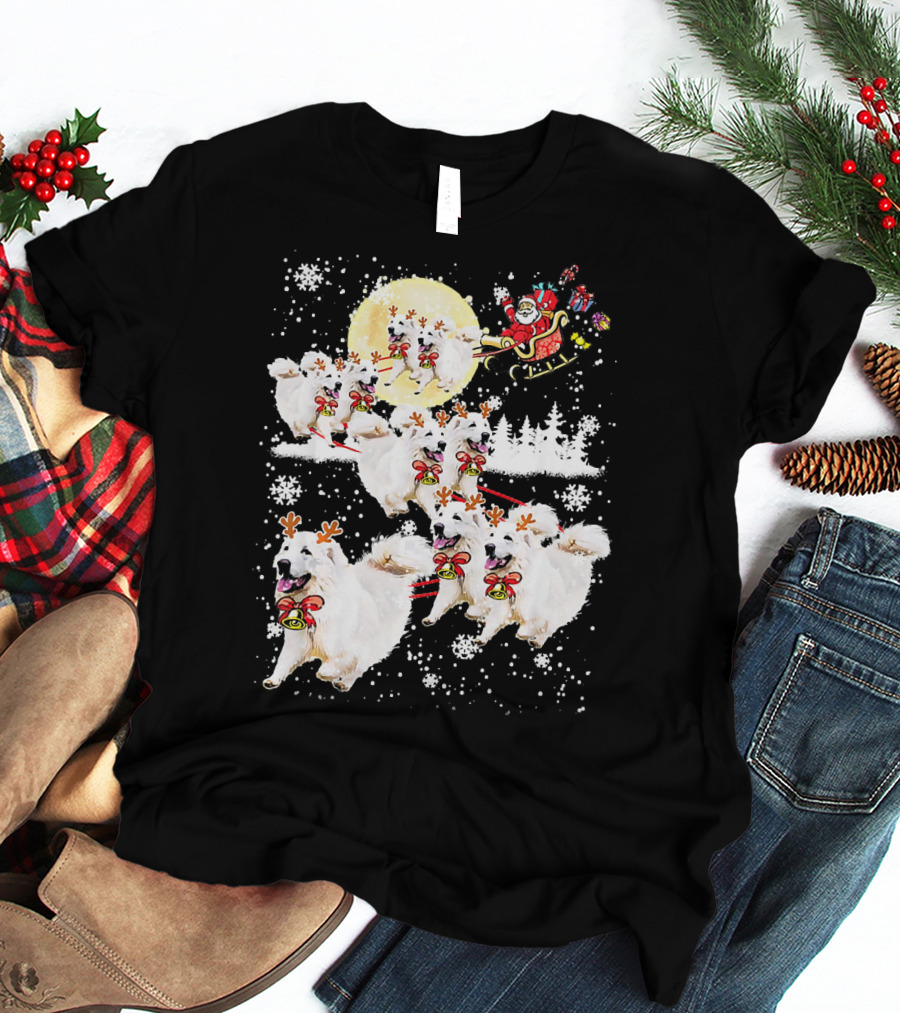 Great Pyrenees Reindeer Santa Christmas With Sleigh And Snowflakes T-Shirt