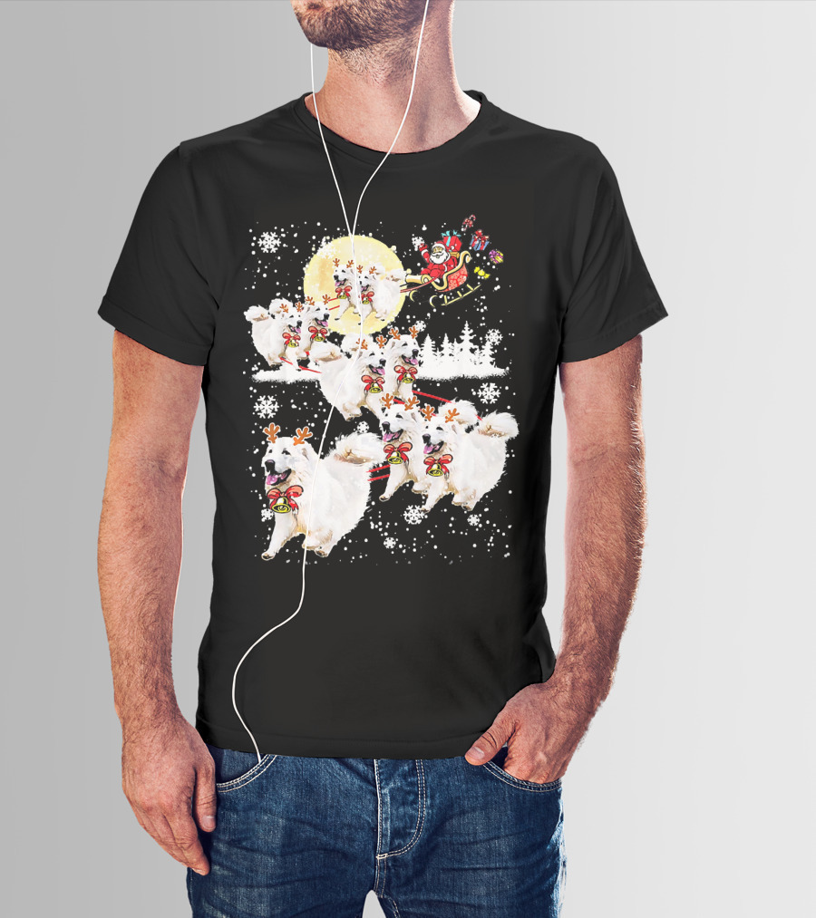 Great Pyrenees Reindeer Santa Christmas With Sleigh And Snowflakes T-Shirt