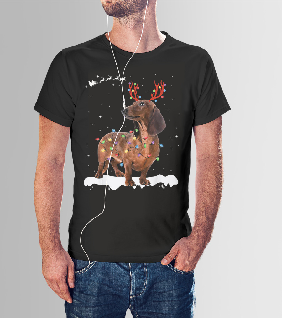 Reindeer Dachshund With Holiday Lights And Santa Sleigh T-Shirt