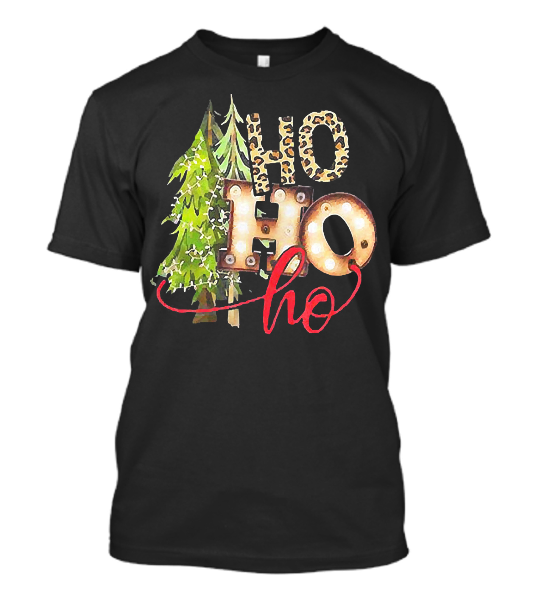 Pine Trees Ho Ho Ho Christmas Lights Leopard Print T-Shirt