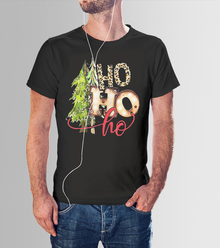 Pine Trees Ho Ho Ho Christmas Lights Leopard Print T-Shirt