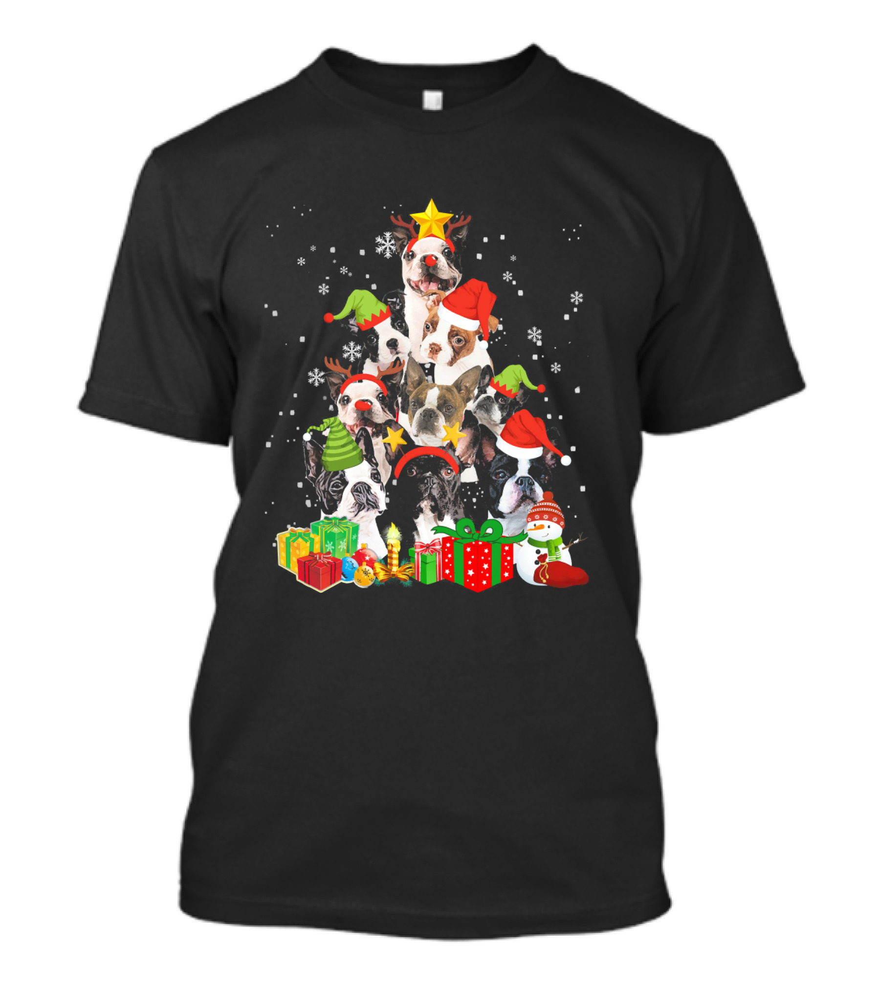 Boston Terrier Christmas Tree With Snowflakes And Gifts T-Shirt