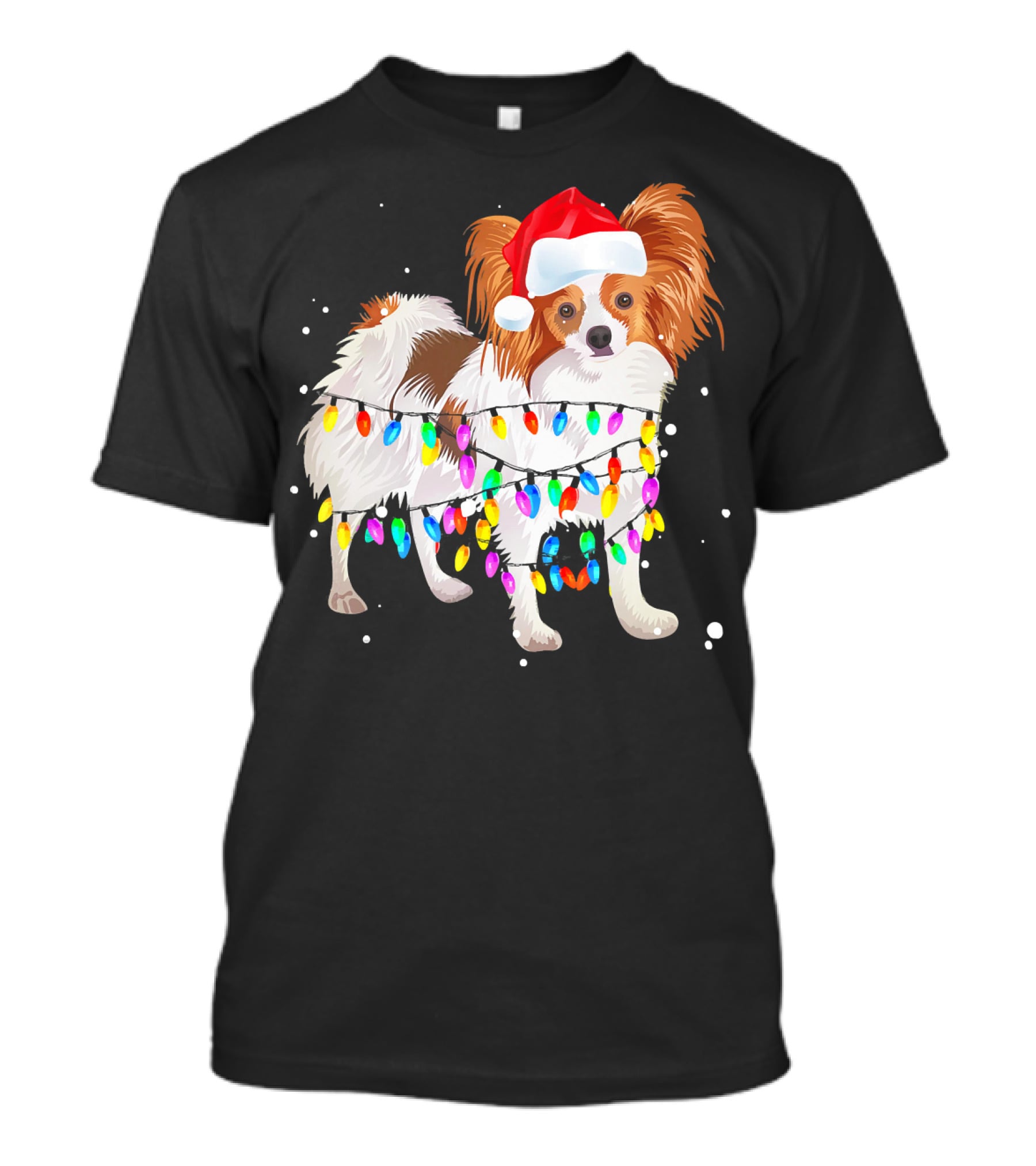 Papillon Dog Wrapped In Colorful Christmas Lights Wearing Santa Hat T-Shirt