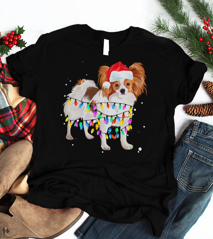 Papillon Dog Wrapped In Colorful Christmas Lights Wearing Santa Hat T-Shirt