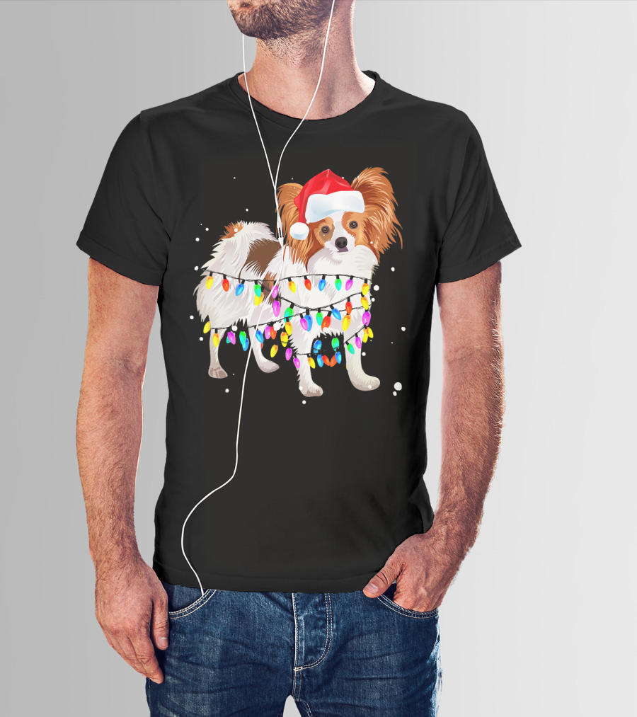 Papillon Dog Wrapped In Colorful Christmas Lights Wearing Santa Hat T-Shirt