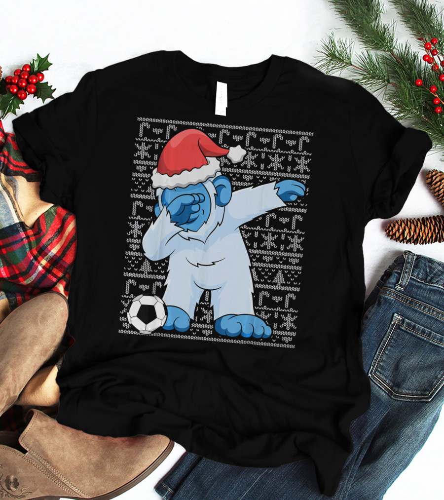Dabbing Abominable Snowman Santa With Soccer Ball Holiday Ugly T-Shirt