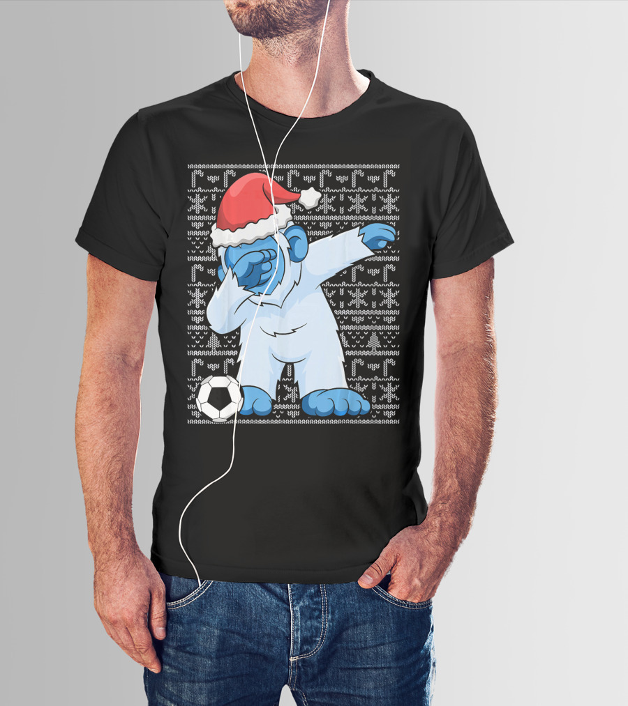 Dabbing Abominable Snowman Santa With Soccer Ball Holiday Ugly T-Shirt