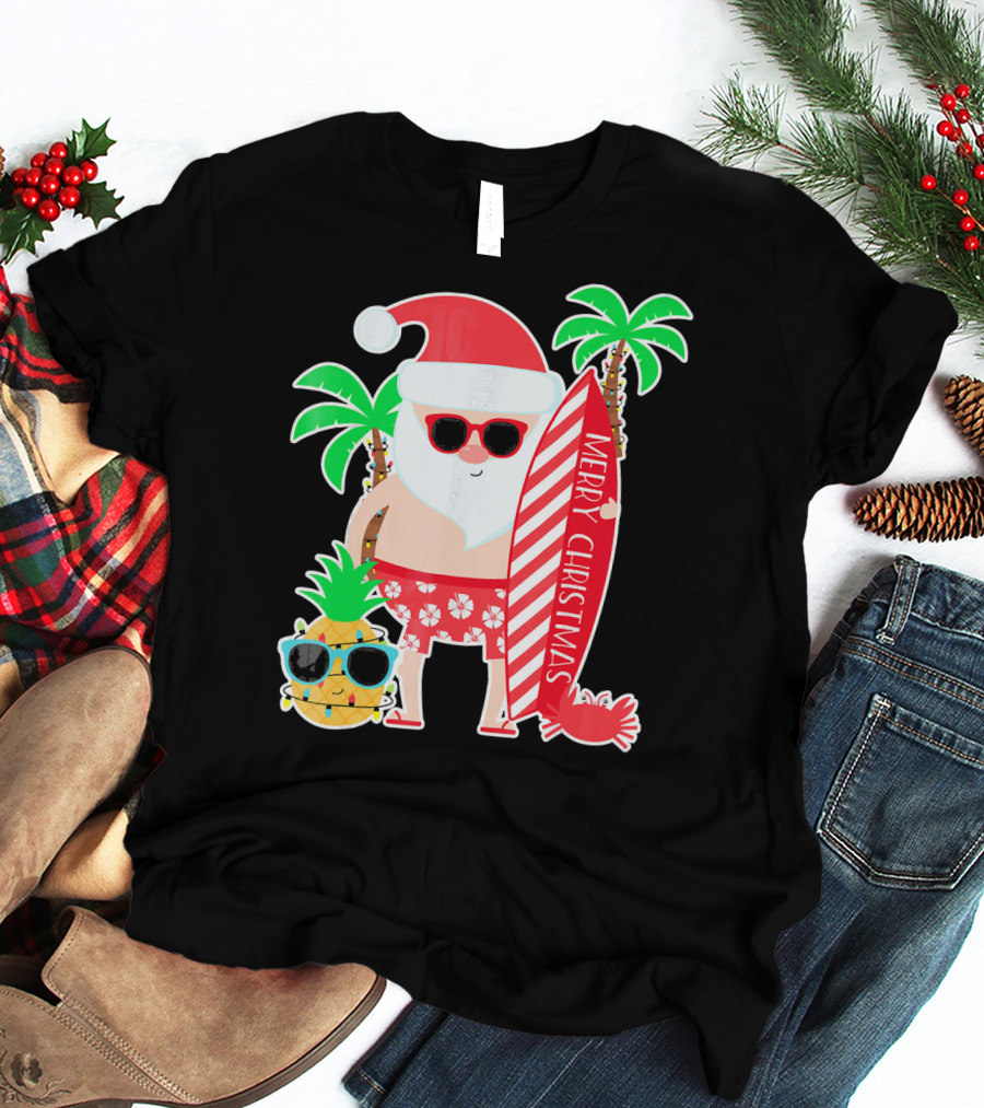 Merry Christmas Santa Surfing Hawaiian Pineapple Palm Trees T-Shirt