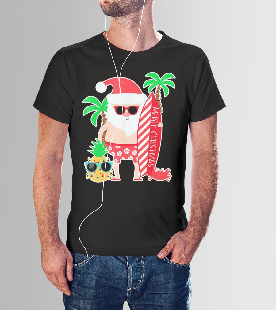 Merry Christmas Santa Surfing Hawaiian Pineapple Palm Trees T-Shirt