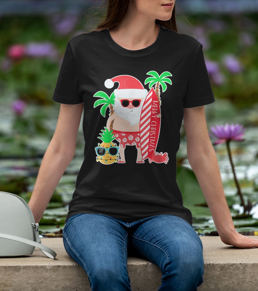 Merry Christmas Santa Surfing Hawaiian Pineapple Palm Trees T-Shirt