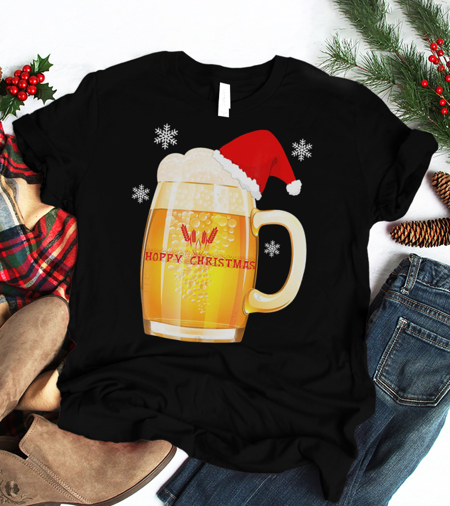 Hoppy Christmas Beer Santa Mug With Snowflakes T-Shirt