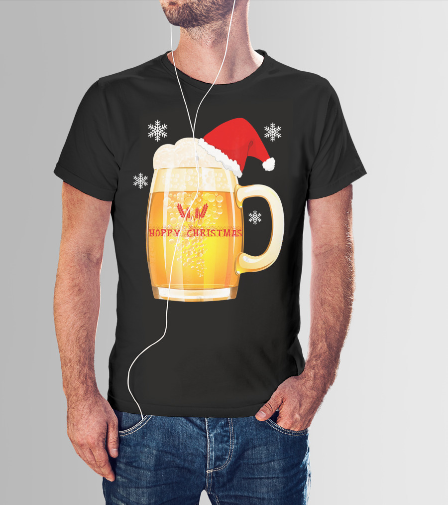Hoppy Christmas Beer Santa Mug With Snowflakes T-Shirt