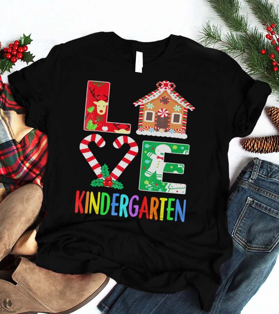 LOVE Kindergarten Christmas Reindeer Gingerbread Candy Cane T-Shirt