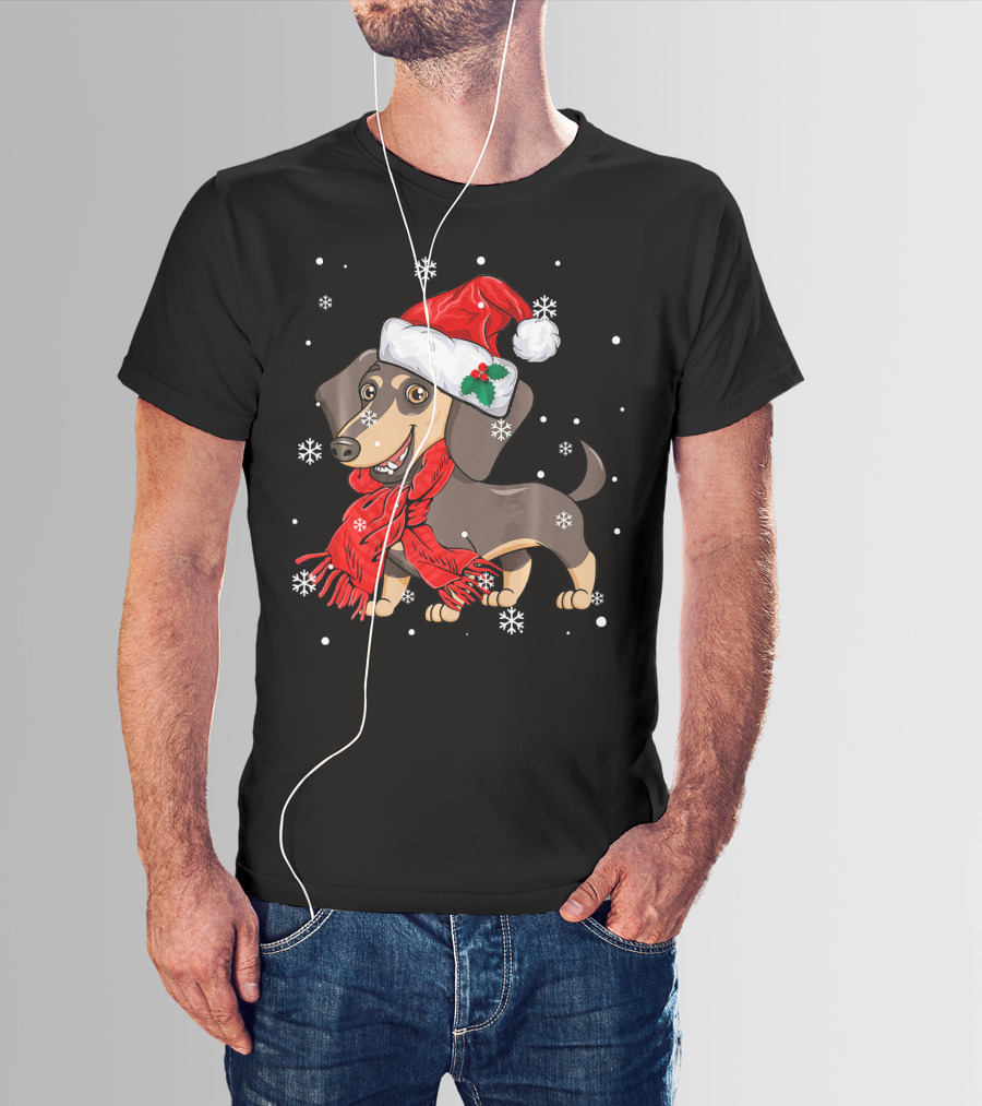 Dachshund Wearing Santa Hat And Red Scarf With Snowflakes T-Shirt