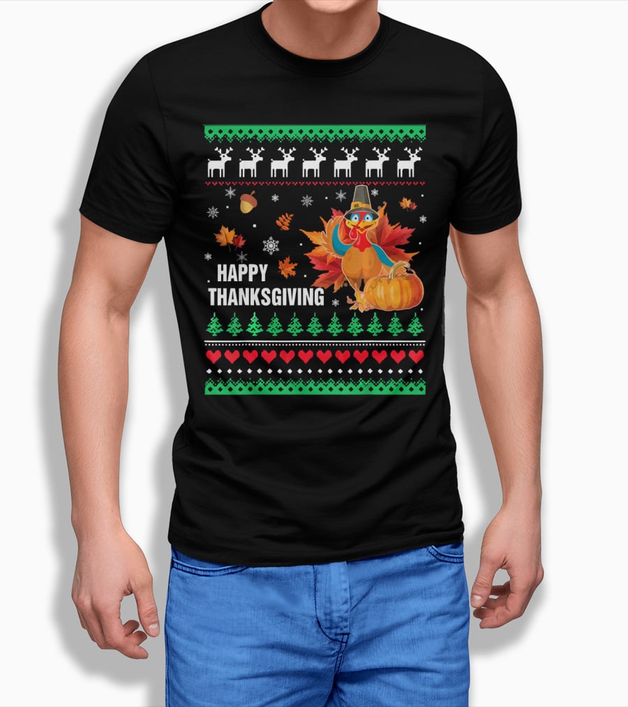 Happy Thanksgiving Turkey Pilgrim Hat Reindeer Snowflakes Pumpkins Leaves T-Shirt