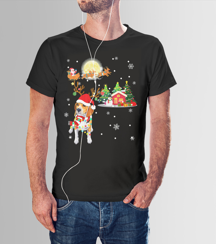 Beagle Christmas Santa Sleigh Trees Snowman Holiday Scene T-Shirt