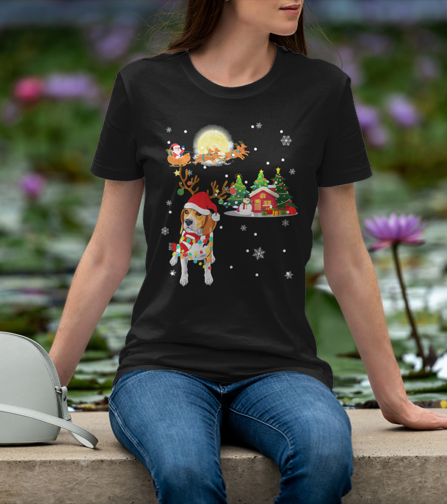 Beagle Christmas Santa Sleigh Trees Snowman Holiday Scene T-Shirt