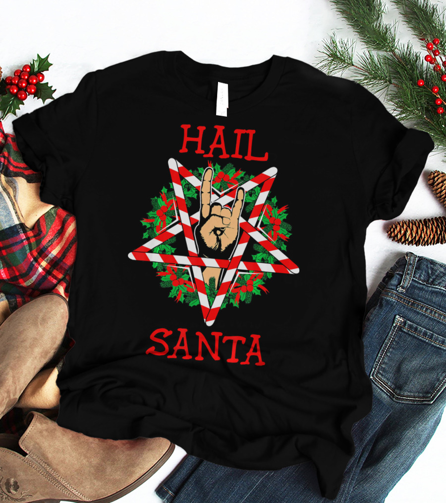 Hail Santa Sleigher Pentagram With Candy Cane And Rock Hand Gesture T-Shirt
