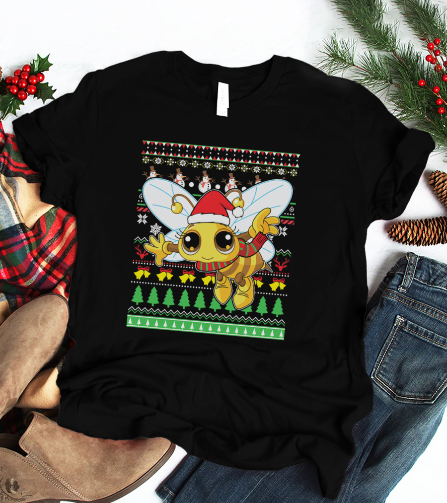 UglyBee Santa Claus Lovely Christmas Sweater Pattern With Cartoon Bee T-Shirt