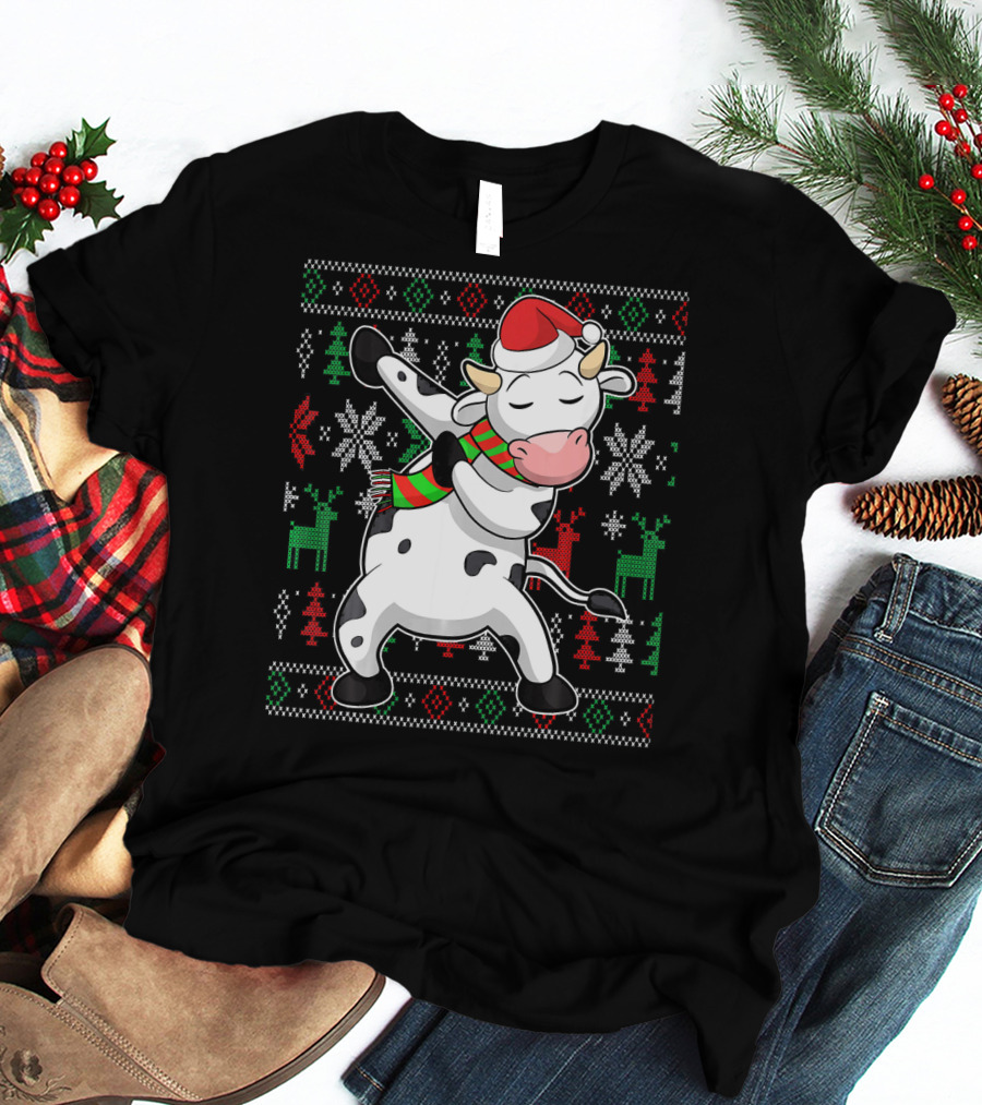 Ugly Christmas Dabbing Santa Cow With Festive Reindeer And Snowflakes T-Shirt