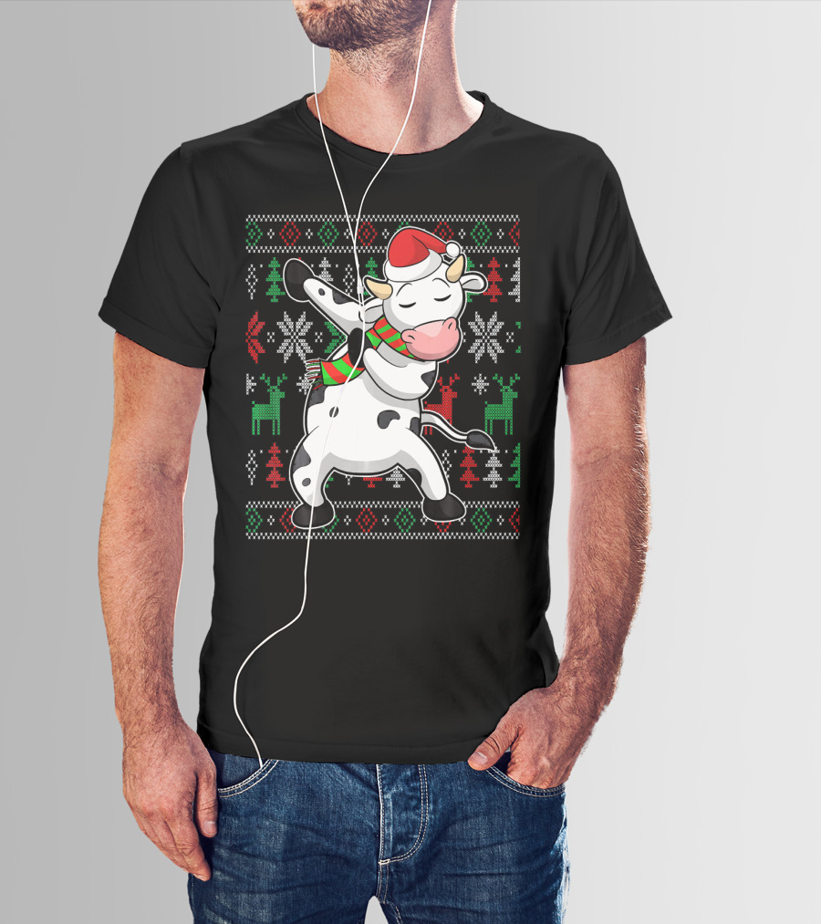 Ugly Christmas Dabbing Santa Cow With Festive Reindeer And Snowflakes T-Shirt