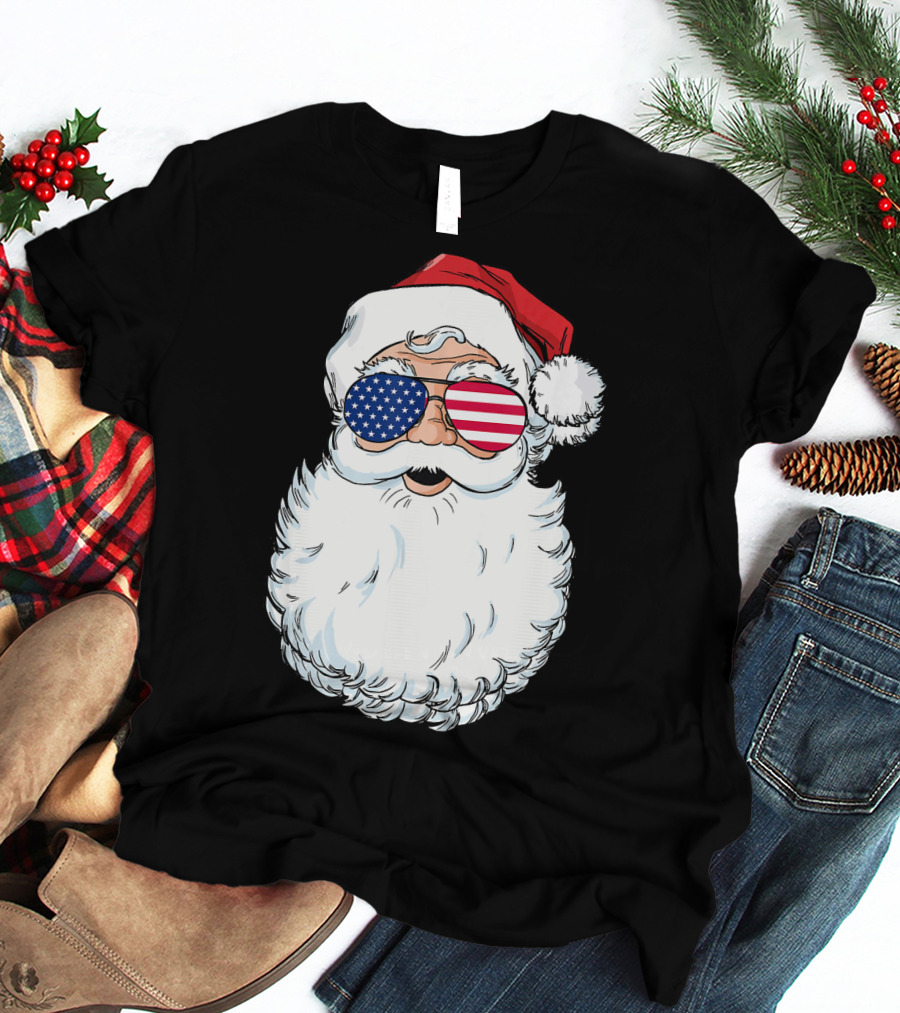 Santa Claus Patriotic USA Sunglasses Christmas T-Shirt