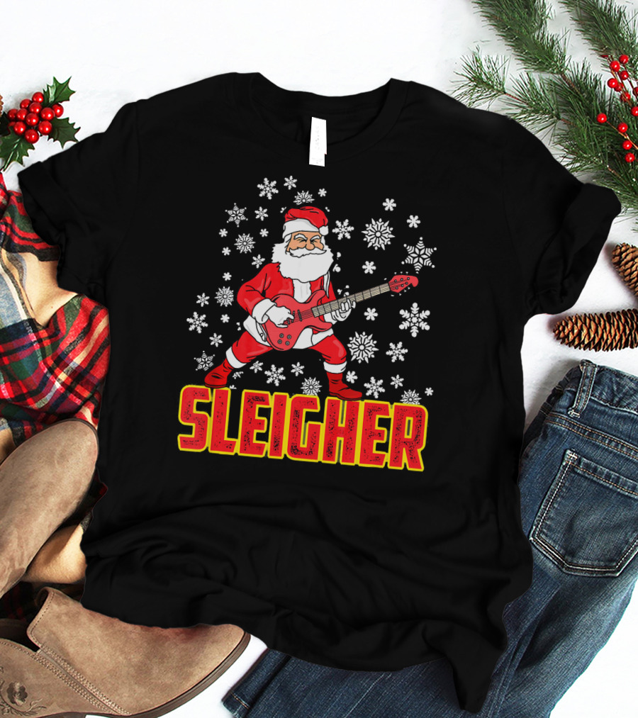 Sleigher Santa Claus With Guitar And Snowflakes T-Shirt