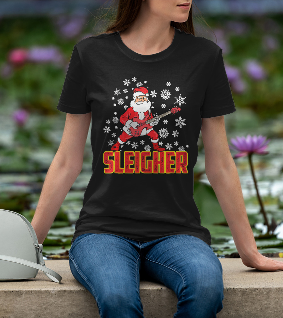 Sleigher Santa Claus With Guitar And Snowflakes T-Shirt