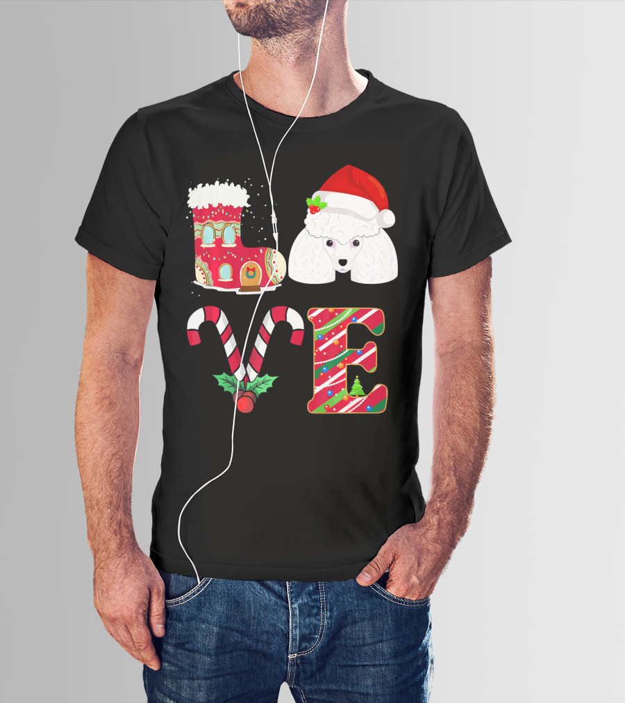 I Love My Poodle Funny Christmas Poodle Candy Cane Santa Hat Holiday Boot T-Shirt