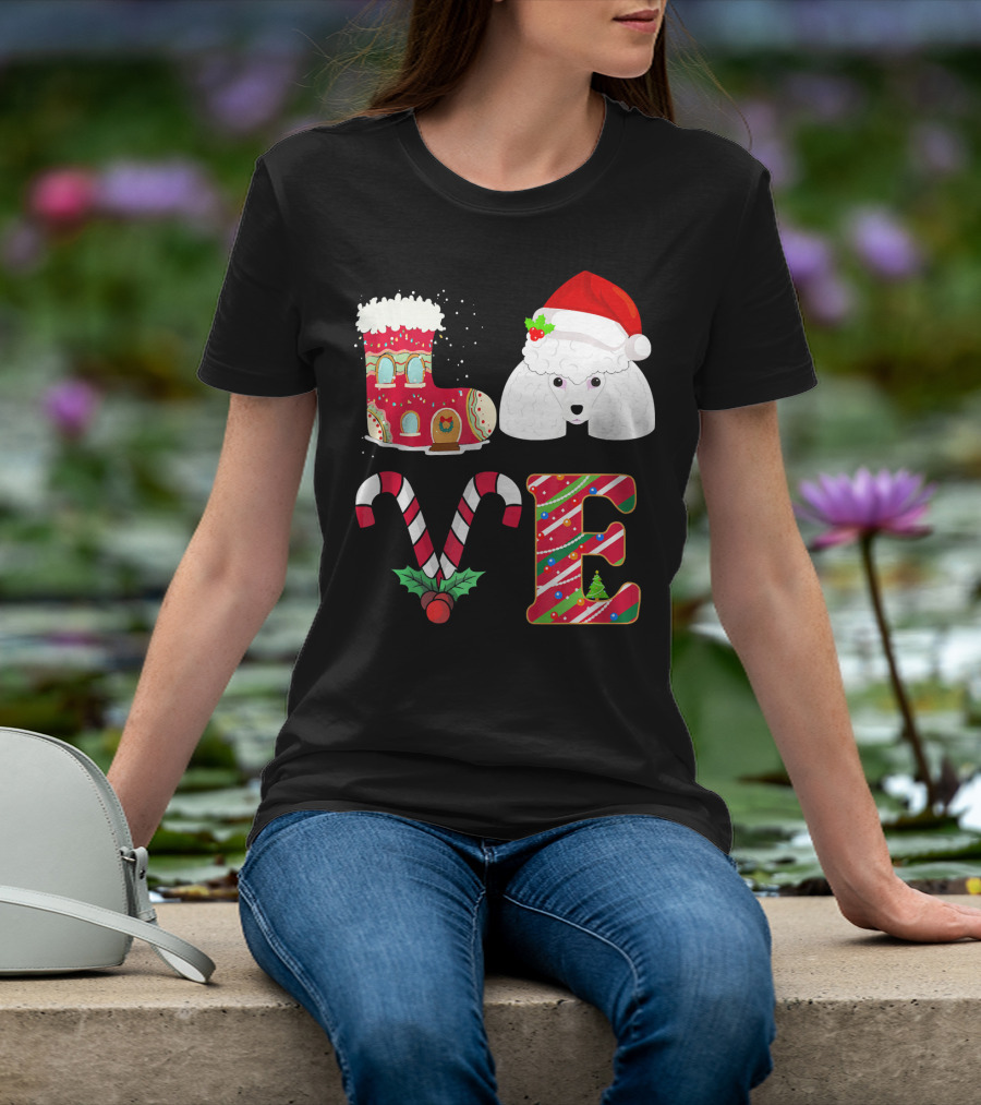 I Love My Poodle Funny Christmas Poodle Candy Cane Santa Hat Holiday Boot T-Shirt