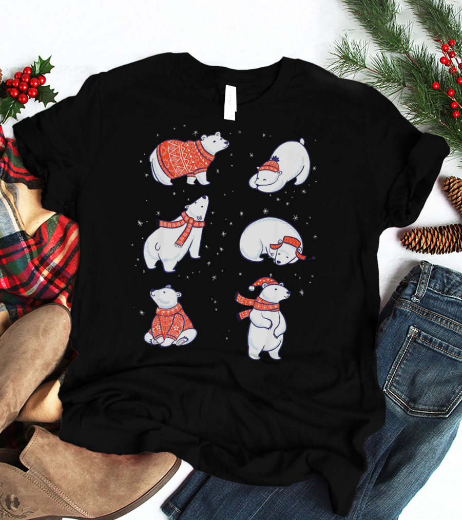 Cute Hand Drawn Polar Bear In Festive Red Sweaters And Scarves T-Shirt