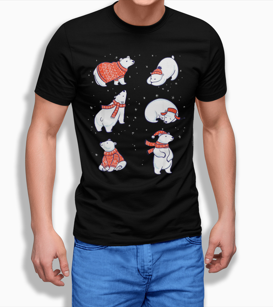 Cute Hand Drawn Polar Bear In Festive Red Sweaters And Scarves T-Shirt