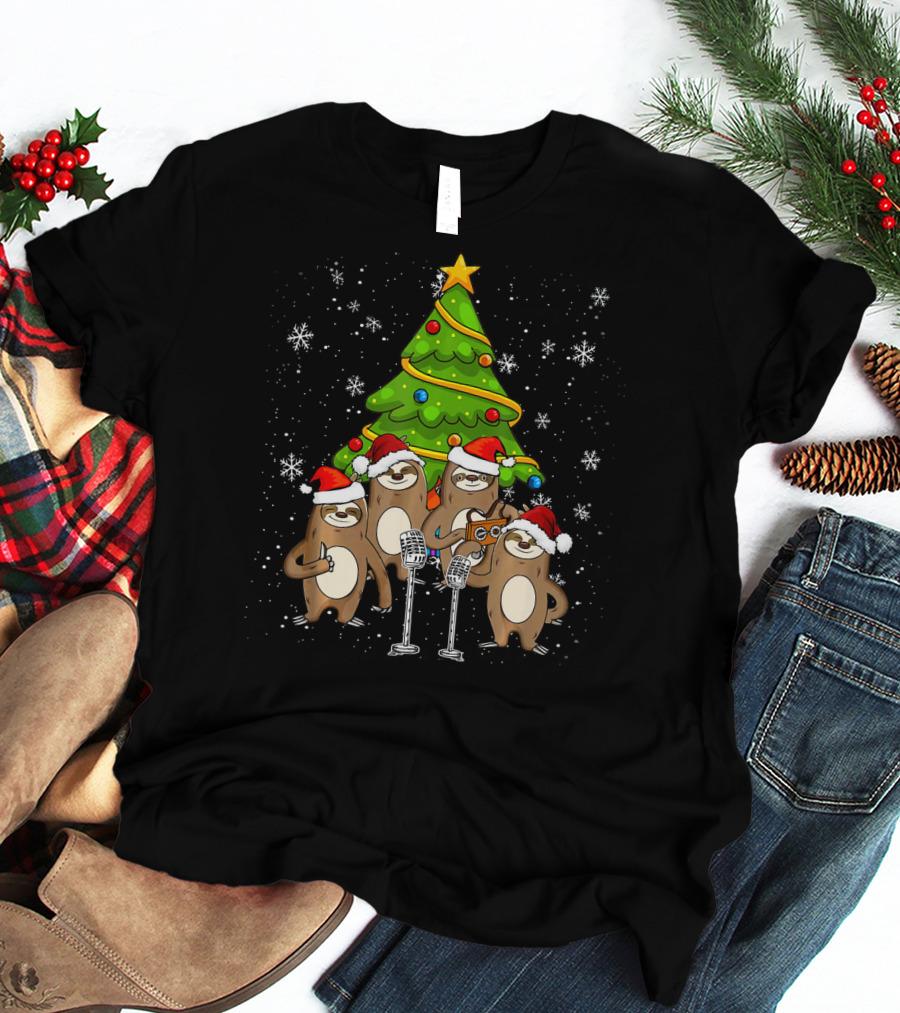 Santa Sloths Singing Festive Cheer Around Christmas Tree T-Shirt