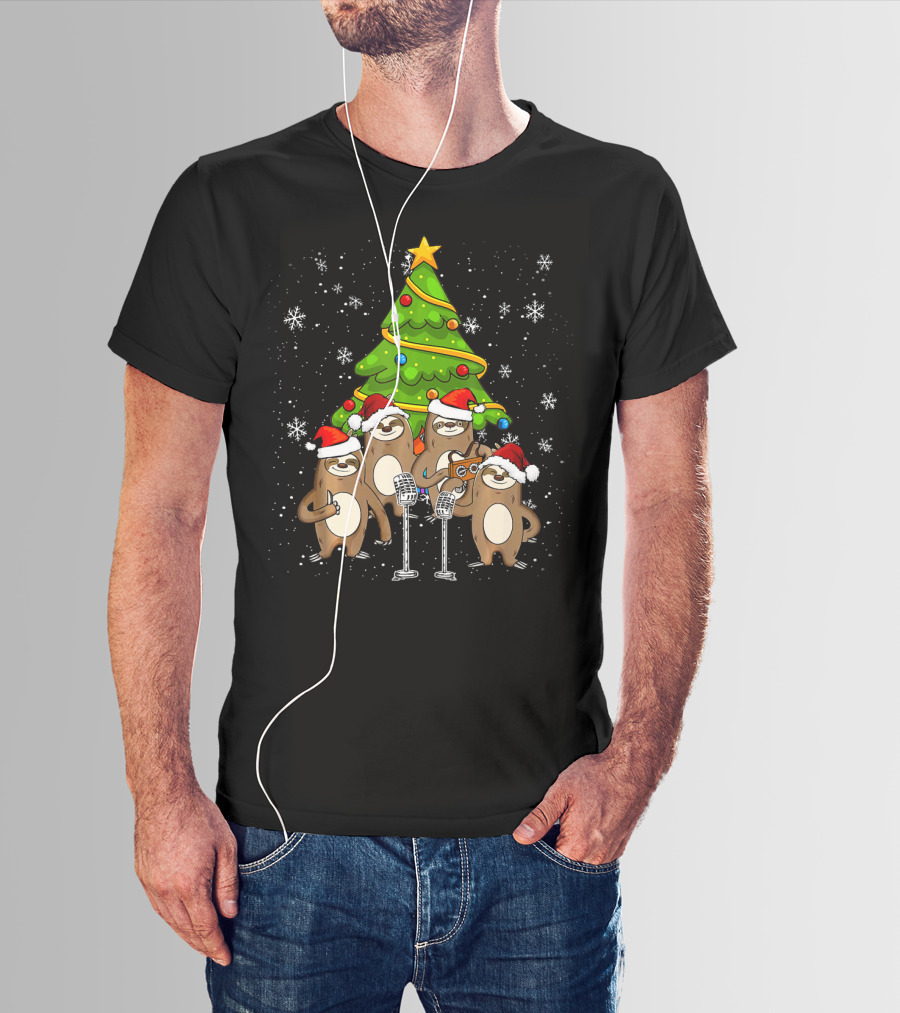 Santa Sloths Singing Festive Cheer Around Christmas Tree T-Shirt