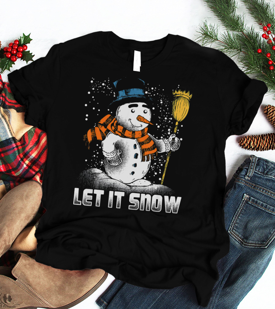 Let It Snow Snowman With Orange Scarf And Broom T-Shirt