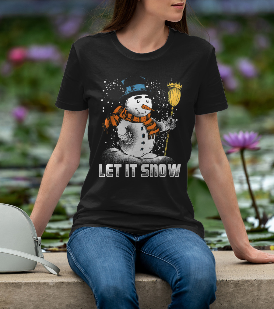 Let It Snow Snowman With Orange Scarf And Broom T-Shirt