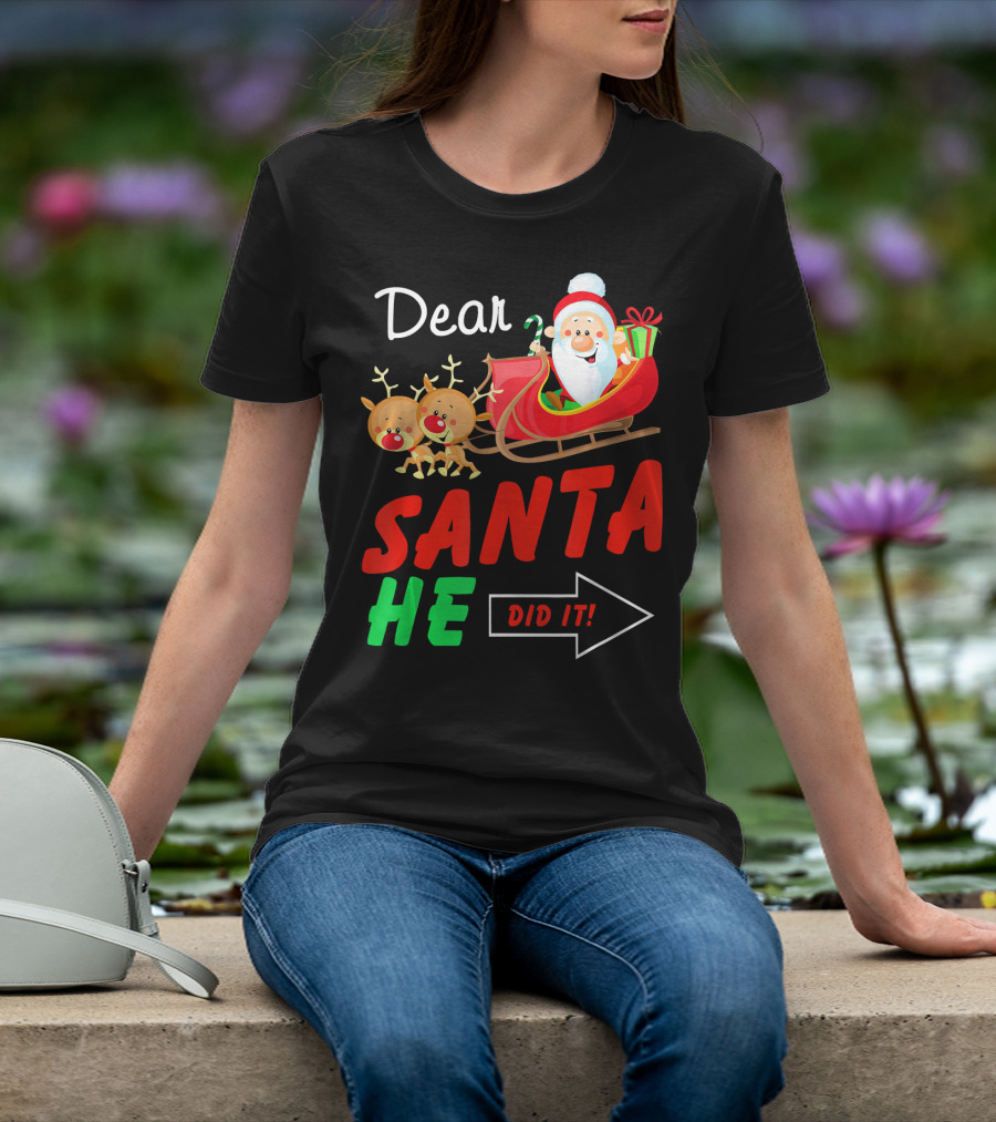Dear Santa He Did It Funny Match With Santa Sleigh And Reindeer T-Shirt