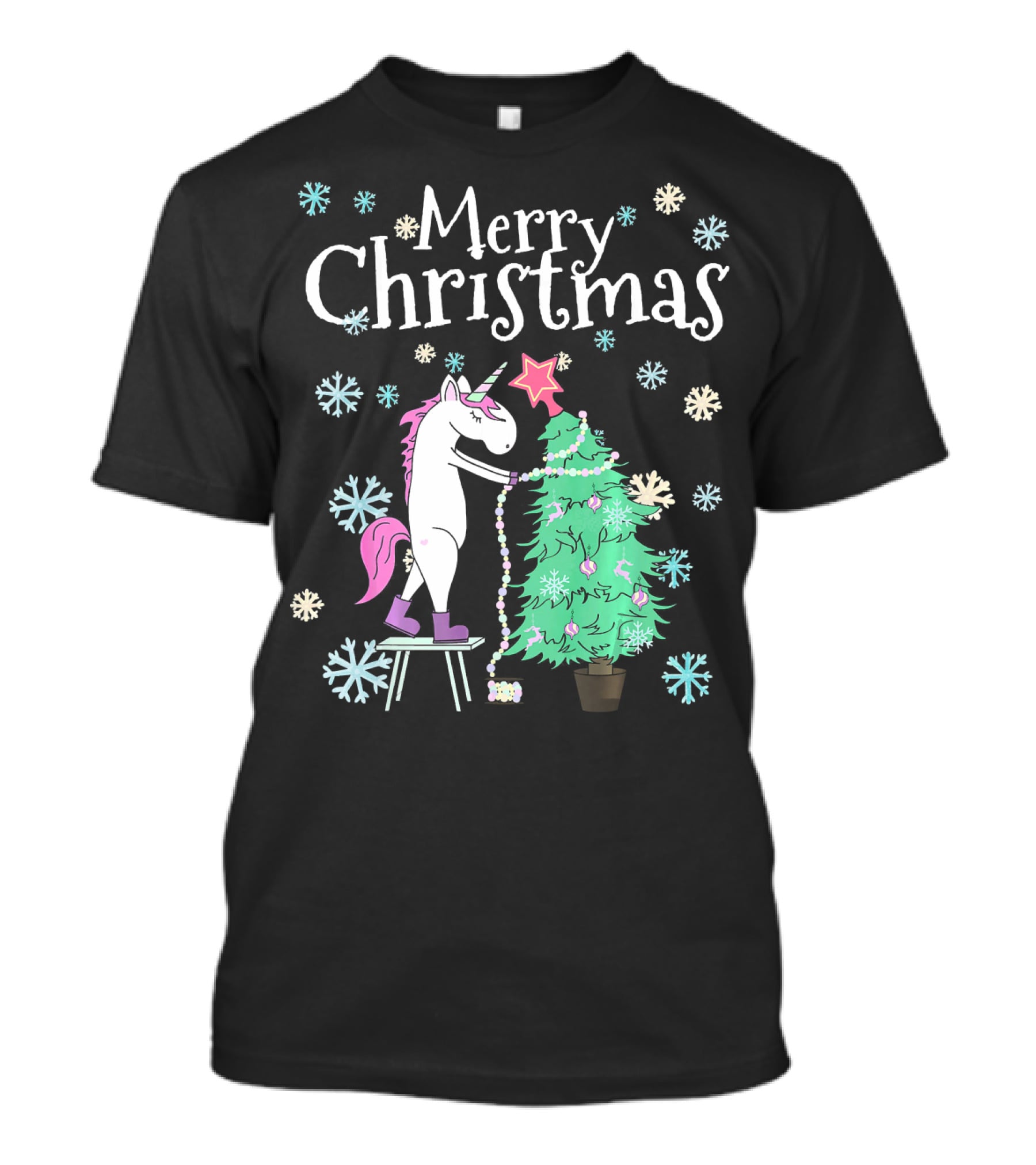 Merry Christmas Funny Unicorn Decorating Christmas Tree T-Shirt