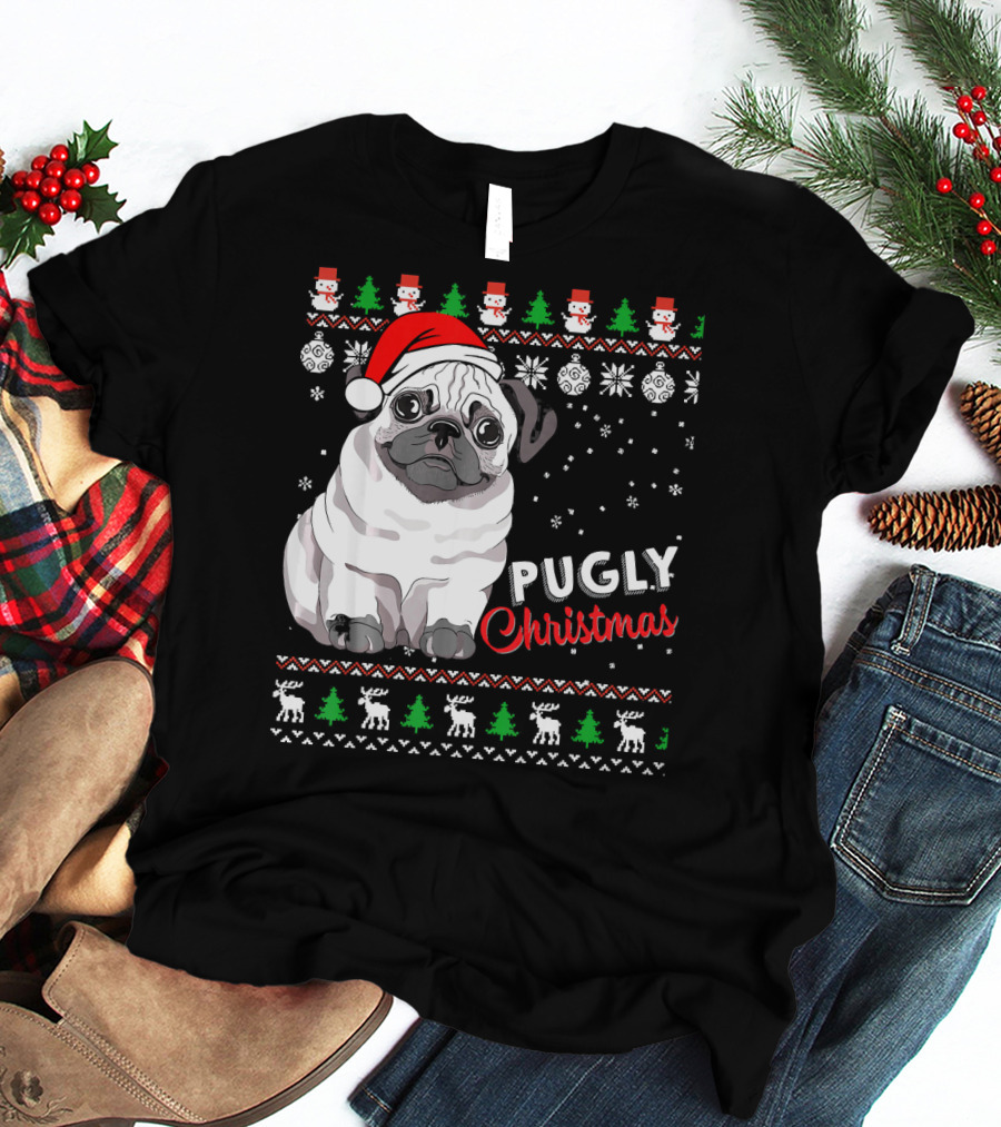 Pugly Christmas Santa Hat Snowflakes Ugly T-Shirt