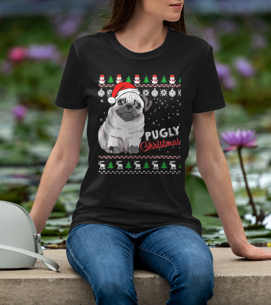 Pugly Christmas Santa Hat Snowflakes Ugly T-Shirt