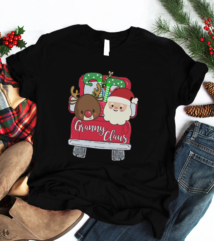 Granny Claus Santa And Reindeer In Christmas Car With Gifts T-Shirt