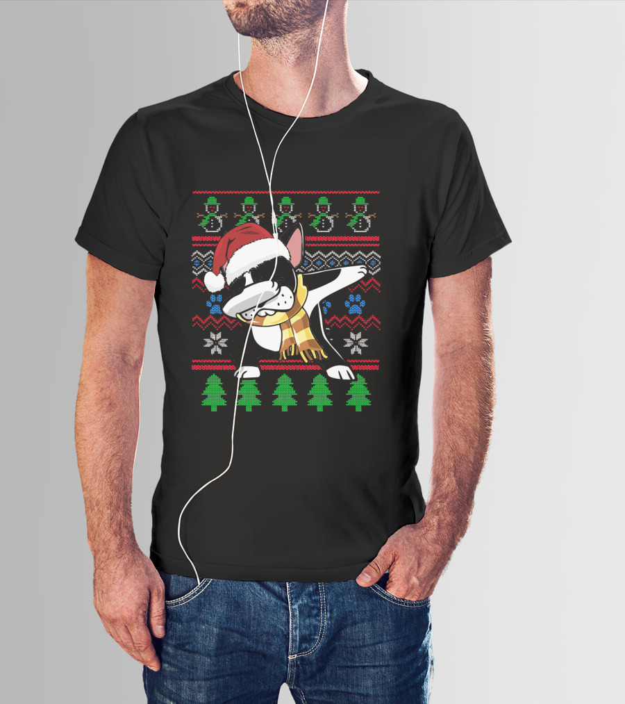 Boston Terrier Dabbing Santa Hat UglyStyl Christmas Sweater Snowmen Trees T-Shirt