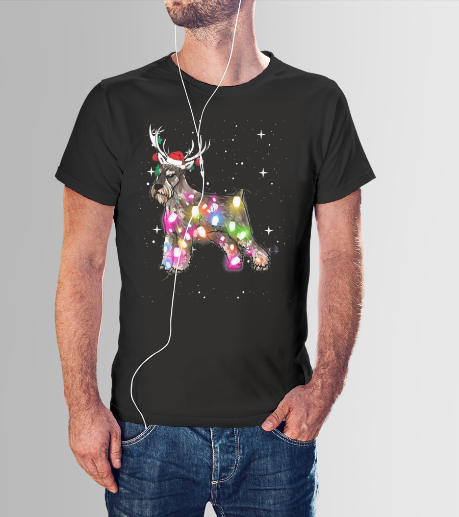 Festive Christmas Lights Standard Schnauzer With Santa Hat And Reindeer Antlers T-Shirt