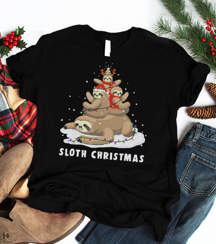 Sloth Christmas Tree With Reindeer And Santa Hats T-Shirt